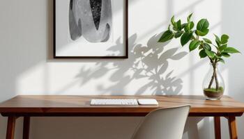 a sleek desk accented by a jade plant and glass pot. photo