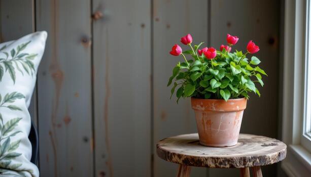 a rustic side table with a potted string of hearts. photo