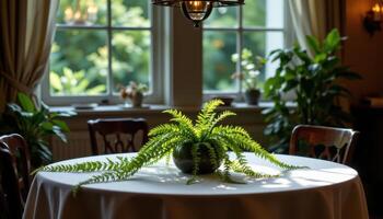 a fern covered table under soft warm lighting. photo