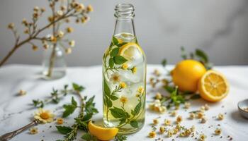 a bottle of elderflower tonic with ice and herbs. photo