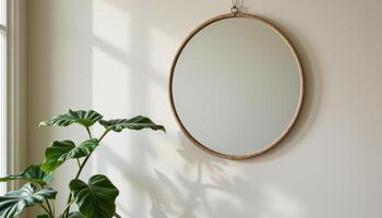 a single fiddle leaf fig beside a round mirror. photo
