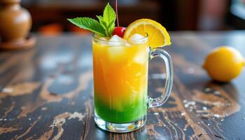 a tropical cocktail in a tiki mug with garnish. photo