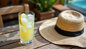 a glass of iced lemonade on a wooden table beside a sunhat. photo