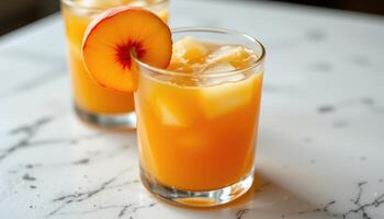 a glass of peach nectar with pulp and ice. photo