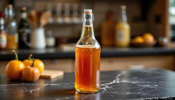 a kombucha bottle fizzing slightly on a slate counter. photo