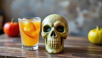 a sour drink in a skull shaped novelty glass. photo