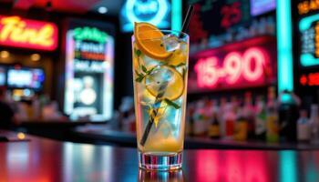 a tall glass of tonic water glowing under neon. photo