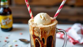 a classic root beer float with ice cream melting. photo