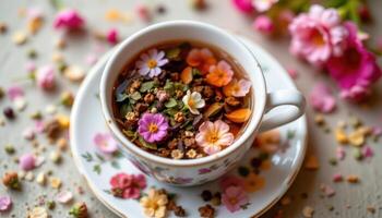 a floral tea infusion with loose leaves in a teacup. photo