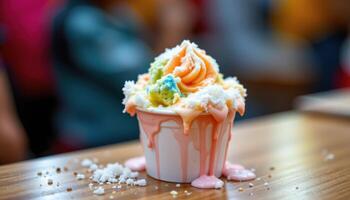 a snow cone melting in a paper cup. photo
