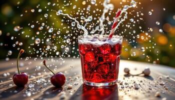 a dark cherry soda fizzing in sunlight. photo