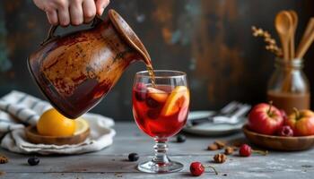 a rustic jug pouring sangria into a glass with fruit. photo