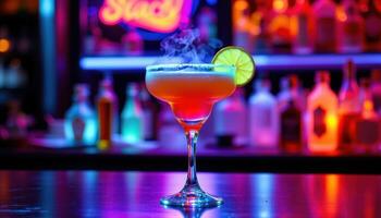 a neon cocktail glowing under ultraviolet light. photo