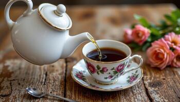 a teapot pouring black tea into a floral teacup. photo