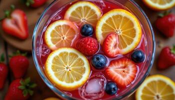 a fruit punch bowl with floating slices and ice cubes. photo