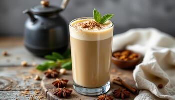 a chilled chai latte in a tall glass with spices nearby. photo