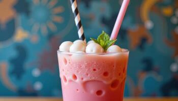 a pink boba drink with large pearls and a fat straw. photo