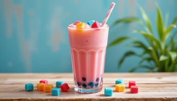 a pastel bubble tea with jelly cubes and paper straw. photo