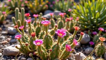 a cactus garden with pink flowers in the desert sun. photo
