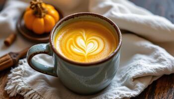 a turmeric latte in a ceramic mug with golden froth. photo