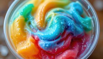 a colorful slushie swirling in a plastic cup. photo