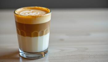 a latte with layered milk and espresso in glass. photo