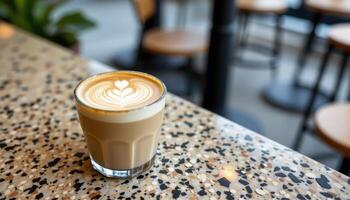 a cold oat milk latte on a terrazzo counter. photo