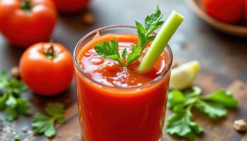 a glass of tomato juice with celery stalk garnish. photo