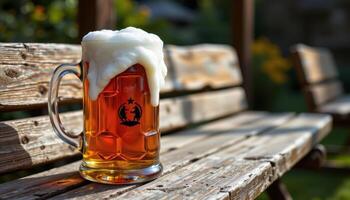 a large beer stein frothing over on a wooden bench. photo
