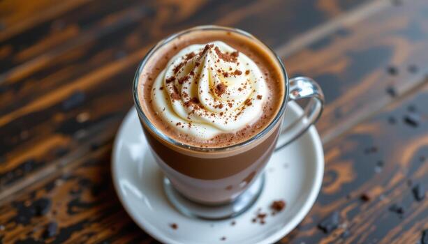 a mocha topped with whipped cream and cocoa. photo