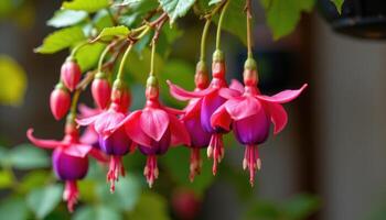 a group of flowering fuchsias hanging from a hook. photo