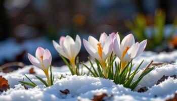 a close up of crocus flowers breaking through snow. photo