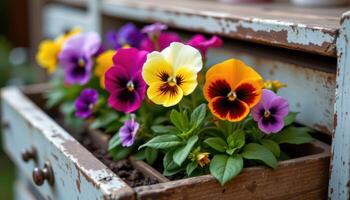a group of colorful pansies planted in a vintage drawer. photo