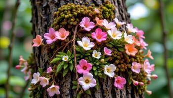 a tree trunk wrapped with blooming epiphytes. photo