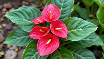 a cluster of anthurium with waxy red flowers. photo