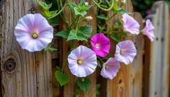 a close up of morning glories climbing a wooden fence. photo
