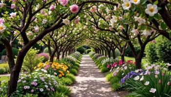 a garden path shaded by flowering canopy trees. photo