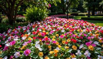 a bed of begonias in full color beneath shaded trees. photo