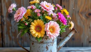 a rustic watering can filled with fresh cut flowers. photo