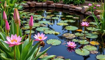 a water garden with blooming papyrus and water lilies. photo