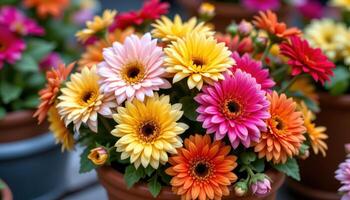 a pot of chrysanthemums arranged in autumn colors. photo