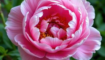 a peony in soft pink bloom with detailed petals. photo