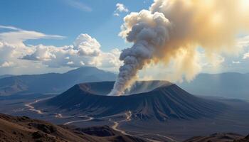 a volcanic crater with smoke rising into the sky. photo