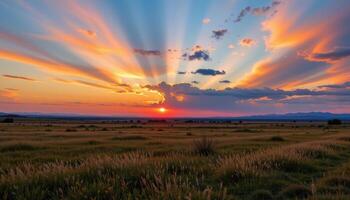 a grassland plain beneath a colorful sunset. photo