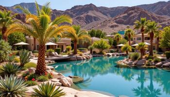 a desert oasis with palm trees and clear water. photo