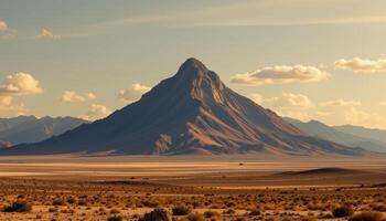a solitary mountain rising from a flat desert. photo
