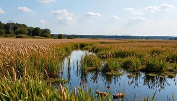 a marshland with still water and reeds. photo