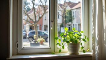 a jade plant on a windowsill catching morning light. photo