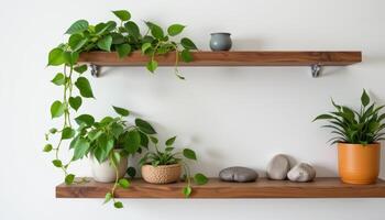 a shelf with trailing pothos and decorative stones. photo