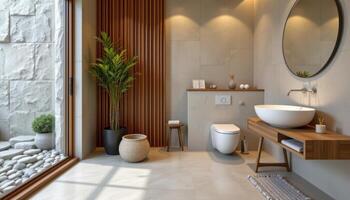 a bathroom corner with bamboo and stones. photo